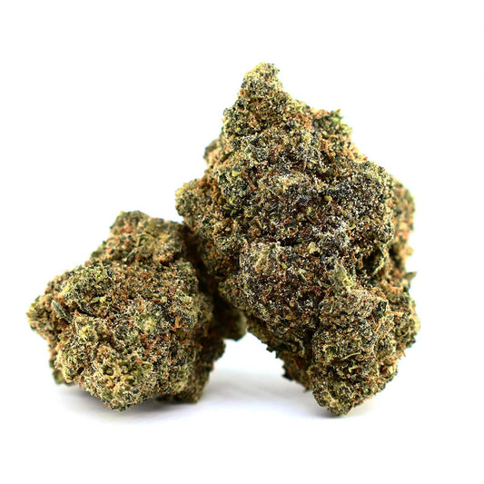 COOKIES Gelatti – getrocknete Hemp Infused Flower Buds, dunkelgrün mit orangefarbenen Trichomen, Nahaufnahme auf weißem Hintergrund