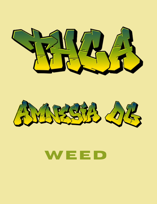 THCA Amnesia OG Weed – Graffiti-Produktgrafik mit Sortenname im Street-Art-Stil, Hemp Express
